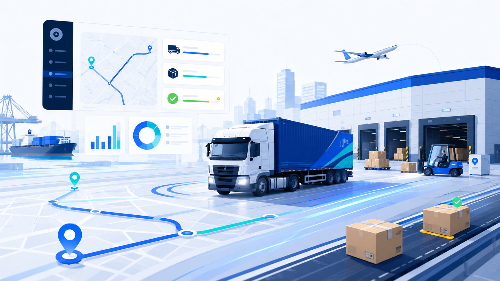 Operacao logistica com caminhão, rota e centro de distribuicao